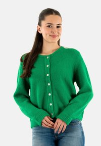 Cardigan verde lavorato a maglia con una texture morbida, dotato di collo tondo, chiusura con bottoni e polsini a coste. Realizzato in materiale peloso, vestibilità casual.