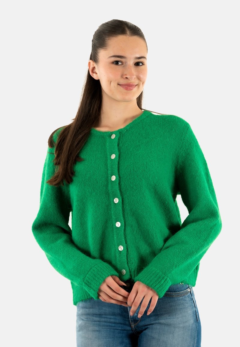 Cardigan verde lavorato a maglia con una texture morbida, dotato di collo tondo, chiusura con bottoni e polsini a coste. Realizzato in materiale peloso, vestibilità casual.
