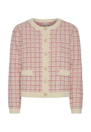 Cardigan tricoté en crème avec un motif à carreaux roses, présentant un col rond, six boutons et deux poches à rabat à l'avant.