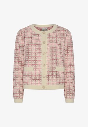 Gestickte Strickjacke in Creme mit einem rosa Karomuster, ausgestattet mit einem Rundhalsausschnitt, sechs Knöpfen und zwei aufgesetzten Taschen vorne.