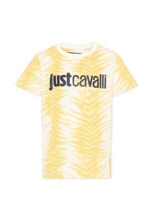 Maglietta a maniche corte gialla e bianca tie-dye con la scritta "Just Cavalli" in grandi lettere nere sul petto.