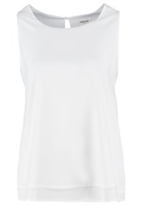 White sleeveless top made of smooth fabric, featuring a round neckline and a keyhole button detail at the back. Simple, relaxed fit.