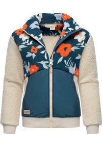 Veste en polaire avec un haut fleuri bleu marine, un bas crème et des accents teal. Elle dispose d'une fermeture éclair et de poignets côtelés.
