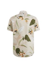 Kortærmet skjorte i beige stof med lys grønne og gule blomster mønstre. Har en krave og en knapdetalje på ryggen.