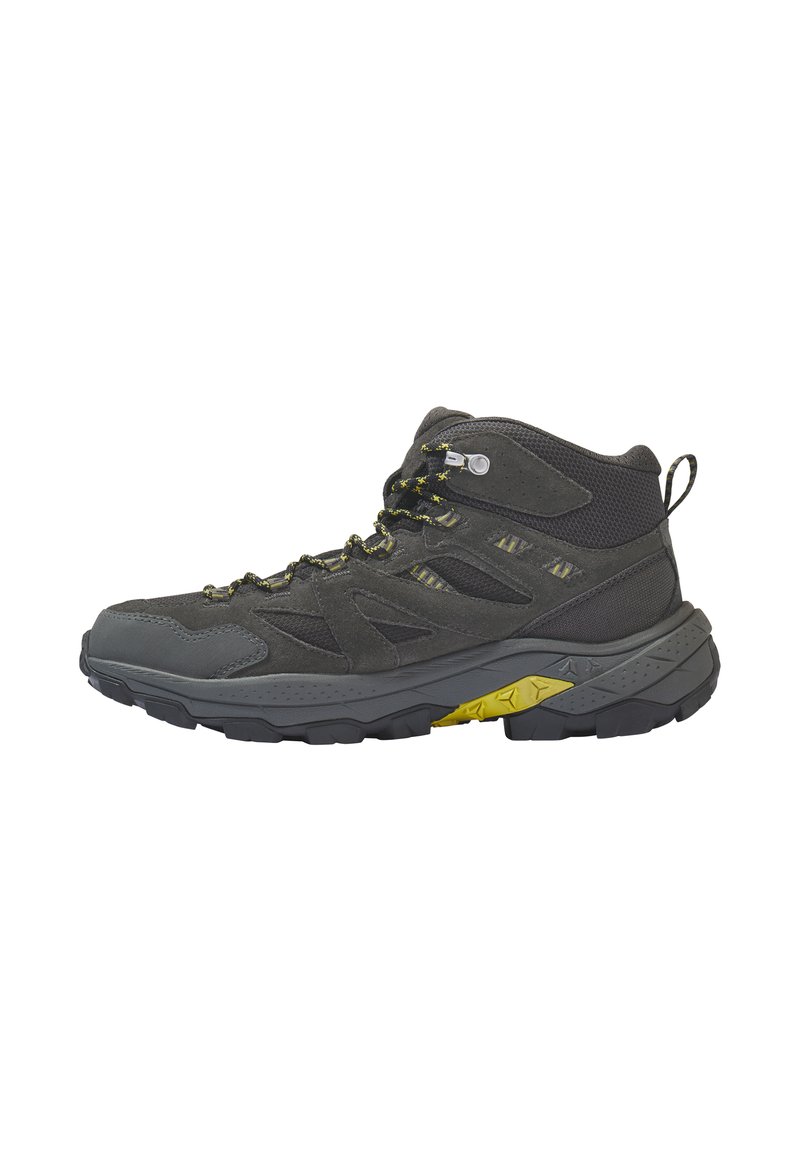 Scarpa da trekking grigia a metà altezza con un design robusto, materiali in mesh e scamosciato, accenti gialli e una suola in gomma testurizzata per una migliore aderenza.