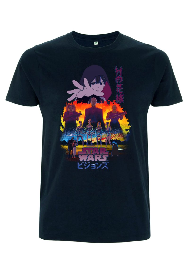 Zwarte katoenen t-shirt met een grafisch ontwerp met anime-stijl personages, vlammen en tekst in het Engels en Japans, met een Star Wars-thema.