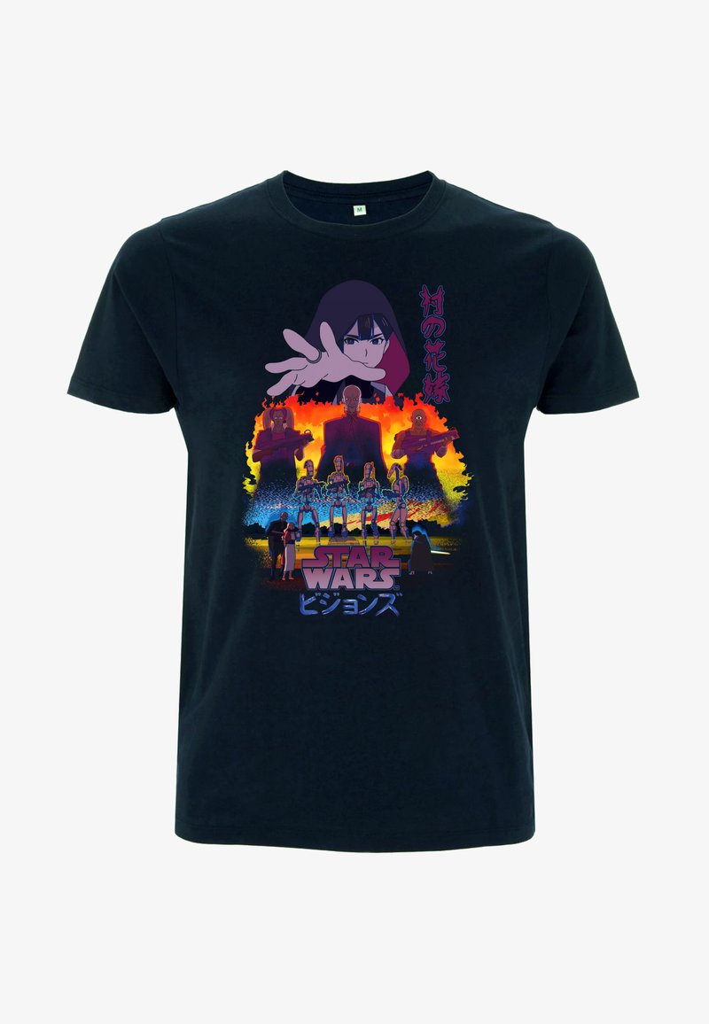 Zwarte katoenen t-shirt met een grafisch ontwerp met anime-stijl personages, vlammen en tekst in het Engels en Japans, met een Star Wars-thema.