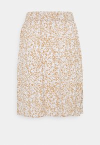 Jupe fleurie avec un motif marron clair et blanc, fabriquée en tissu doux, dotée d'une taille élastique et d'une coupe droite.