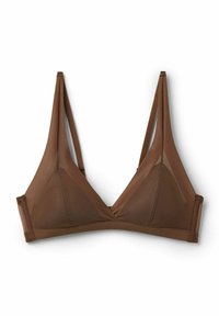 Sostén triangular marrón hecho de tela de malla, con tirantes delgados y un diseño sin costuras. El material tiene una textura suave y presenta un hardware mínimo.