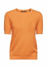 Orange kortärmad stickad tröja med rund halsringning, strukturerad mönster av öglor och en figurnära silhuett med ribbade muddar och nederkant.