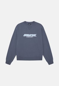 Felpa blu navy in cotone. Presenta un collo a giro, polsini a costine e un logo grafico azzurro chiaro sulla parte anteriore.