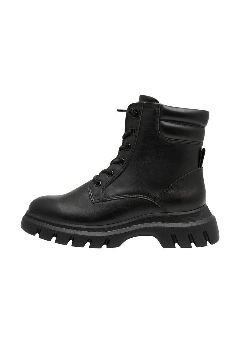 Bottes chelsea noires en cuir avec fermeture à lacets, col rembourré et semelle en caoutchouc épaisse dotée de profonds crampons pour une adhérence améliorée.