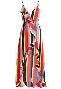 Monivärinen raidallinen mekko, jossa on V-pääkallo, ohuet hihnat ja röyhelöhelma. Raidat sisältävät punaista, mustaa, keltaista, sinistä ja beigeä.