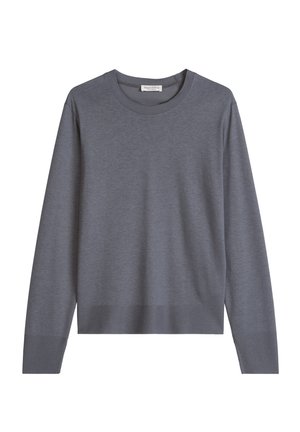 Long-sleeve crewneck sweater in solid grey, made of smooth fabric with ribbed cuffs and hem, displayed against a white background.