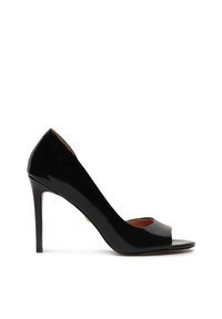 Scarpa alta con tacco a stiletto in vernice nera, con una silhouette elegante, tacco sottile e una finitura liscia e lucida.