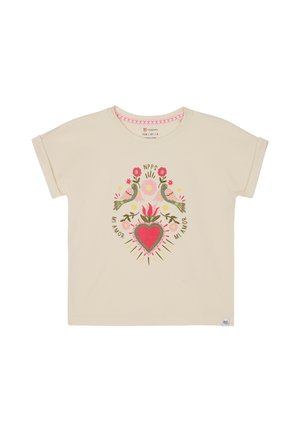 Beige katoenen T-shirt met een centrale grafische afbeelding van twee vogels, een roze hart en bloemaccenten. Korte mouwen en een ronde halslijn.