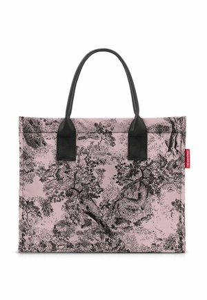 Pink tote bag featuring a black tree and landscape print, with black handles, rectangular shape, and a small red logo tag.
