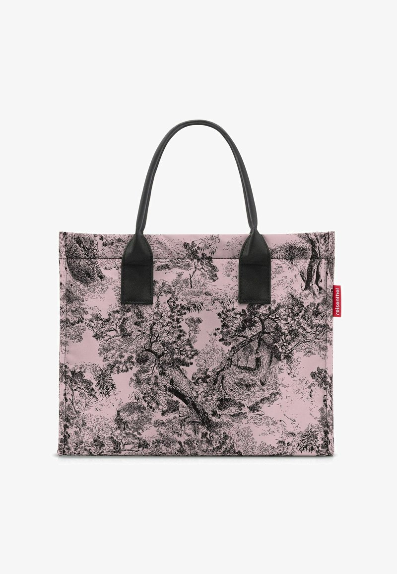 Rosa Tragetasche mit schwarzem Baum- und Landschaftsprint, schwarzen Griffen, rechteckiger Form und einem kleinen roten Logoschild.
