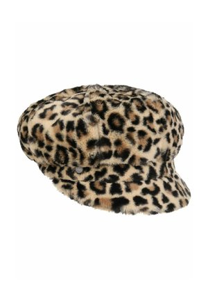 Faux fur leopard print newsboy cap with a short brim and textured pattern in shades of tan, black, and brown.