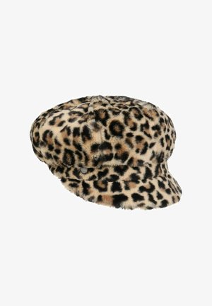 Faux fur leopard print newsboy cap with a short brim and textured pattern in shades of tan, black, and brown.