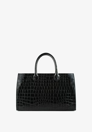 Bolso de mano de cuero negro con estampado de cocodrilo, con dos asas redondeadas y forma rectangular. Presenta un patrón texturizado y un diseño sobrio.