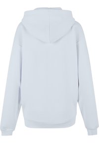 Light blue hoodie, cotton blend, features a large hood, long sleeves, and ribbed cuffs and hem. Smooth texture, minimal design.