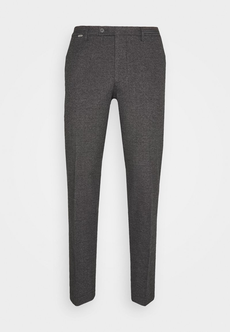 Pantalon de costume slim gris foncé avec un motif à carreaux discret, fermeture par bouton et deux poches arrière.