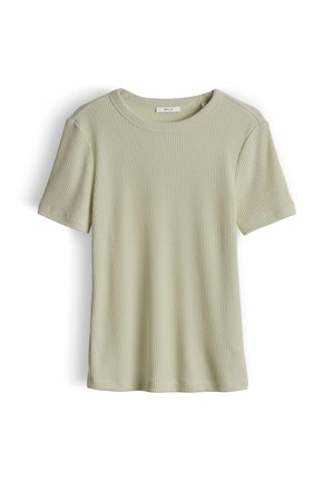 Lichtbeige geribde T-shirt met korte mouwen en een ronde hals, plat gelegd op een witte achtergrond.