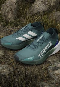Scarpe da trail running teal e bianche con tessuto testurizzato, marchio 'TERREX' in evidenza e logo Gore-Tex su un lato.