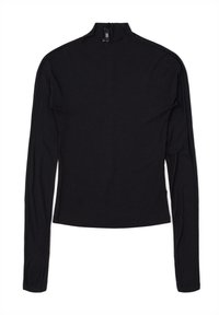 Black long-sleeve top with a high collar, made from a smooth fabric. Features a back zipper and fitted design. No patterns or accents.