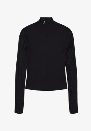Top nero a maniche lunghe con colletto alto, realizzato in un tessuto morbido. Presenta una cerniera sul retro e un design aderente. Senza motivi o decorazioni.