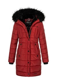 Red padded coat with a detachable black fur-lined hood, featuring zip and button closures, side pockets, and black accents on cuffs.