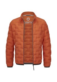 Orangefarbene gesteppte Jacke mit Reißverschluss, Stehkragen und seitlichen Reißverschlusstaschen, sichtbare Markenhalsetikette im Innenbereich.