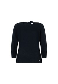Granatowy sweter z dzianiny o szerokim dekolcie, rękawach o długości trzech ćwierci i detailu w postaci kokardy na ramieniu. Posiada prążkowane mankiety i dół.