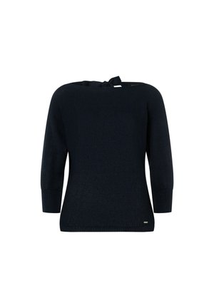 Pull en maille bleu marine avec un décolleté large, des manches trois-quarts et un détail de nœud à l'épaule. Comprend des poignets et un ourlet côtelés.