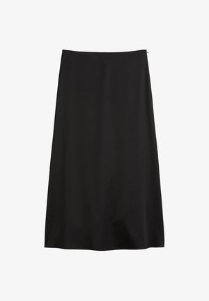 Fekete midi szoknya sima anyagból. Egyenes szabású, egyszerű kialakítással és látható hardver vagy kiegészítők nélkül. Cipzáras záródással rendelkezik.