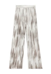 Wijde broek van een lichtgewicht, zacht materiaal met een grijs en wit tie-dye patroon. Elastische tailleband met een gladde textuur.