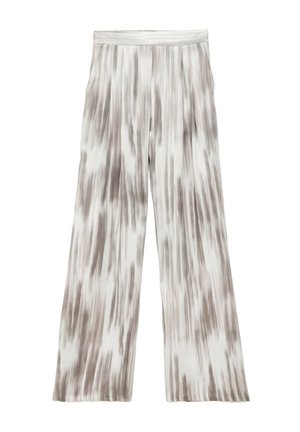 Wijde broek van een lichtgewicht, zacht materiaal met een grijs en wit tie-dye patroon. Elastische tailleband met een gladde textuur.