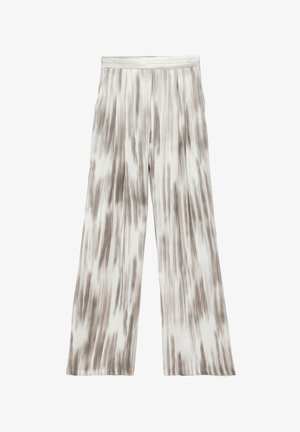 Bredde bukser i et let og blødt stof med et grå- og hvidt tie-dye mønster. Elastisk talje med en glat tekstur.