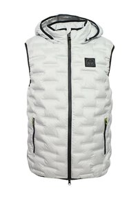 Weißer gepolsterter Weste mit Kapuze, Reißverschluss vorne, zwei Reißverschlusstaschen, schwarzen Akzenten, strukturiertem Stichmuster und einem Logo-Patch auf der oberen linken Seite.