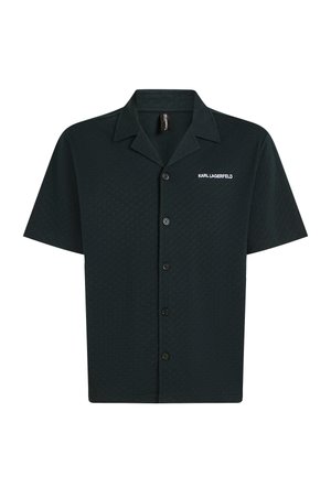 Korte mouwen, overhemd met knoopsluiting in donkergroene, gestructureerde stof met een patroon en wit "KARL LAGERFELD" logo op de linkerborst.