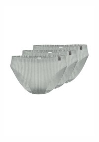 Confezione di tre slip donna grigio chiaro con fini righe verticali, tessuto morbido, cintura elastica e un'etichetta con marchio discreto.
