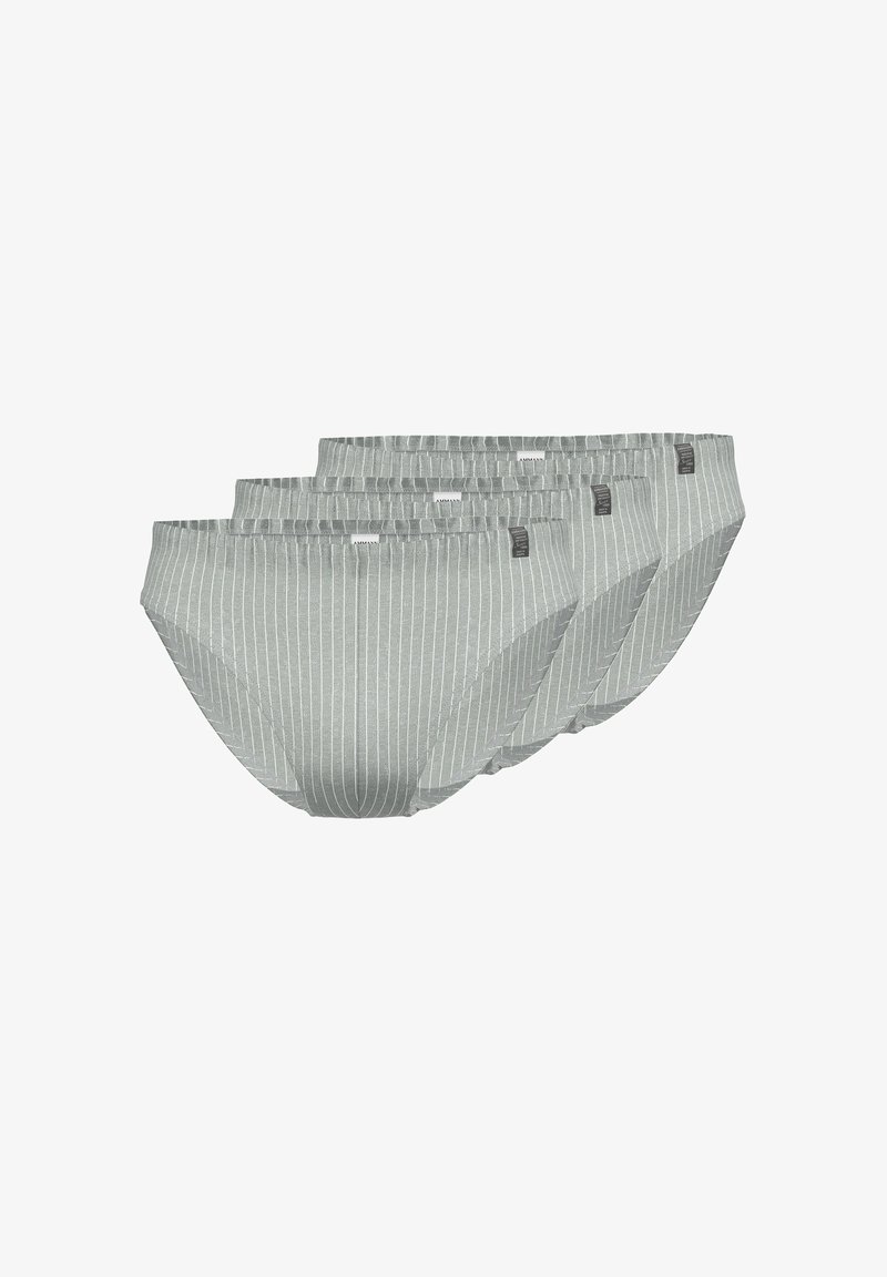 Confezione di tre slip donna grigio chiaro con fini righe verticali, tessuto morbido, cintura elastica e un'etichetta con marchio discreto.