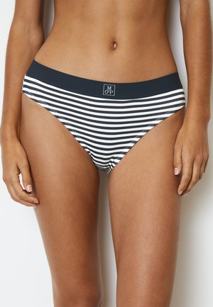 Costumi da bagno femminili a righe in blu navy e bianco, con una morbida vita elasticizzata e cuciture rinforzate per comfort e una vestibilità sicura.