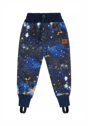 Spodnie dresowe dla dzieci z nadrukiem galaktyki, elastycznym pasem ze ściągaczem, granatowymi ściągaczami przy nogawkach i paskami na stopy.