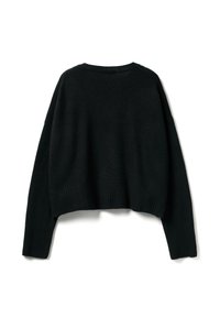 Schwarzer, kurzer Pullover aus weichem Strickmaterial mit gerippten Bündchen und Saum. Mit einem runden Ausschnitt und lockeren Ärmeln.