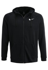 Felpa nera con zip e logo Nike bianco. Presenta un cappuccio, lacci regolabili e tasche frontali. Realizzata in tessuto morbido.