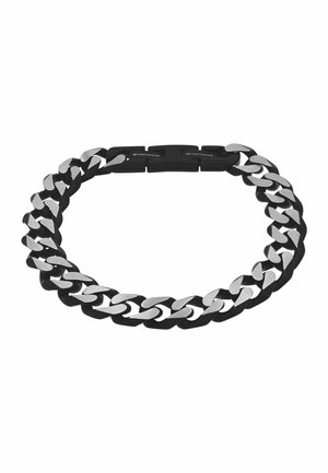 Silbernes und schwarzes Metallarmband mit abwechselnd geschwungenen Gliedern und einem schwarzen Verschluss, der mit der Marke "Tom Tailor" graviert ist.