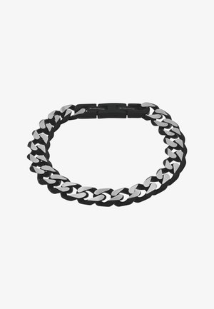 Zilverkleurige en zwarte metalen armband met afwisselend gebogen schakels en een zwarte sluiting gegraveerd met het merk "Tom Tailor".