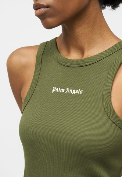 Close-up of a person wearing an olive green ribbed tank top with "Palm Angels" printed in white on the chest.